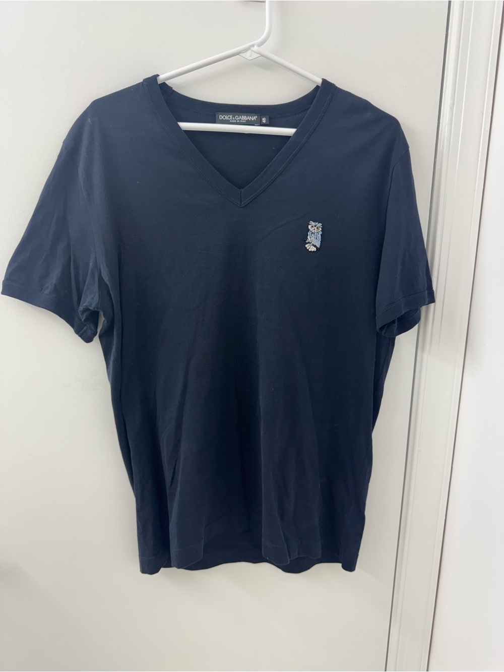 Dolce & Gabbana Men’s Dark Blue V-Neck Tee with Crest Motif